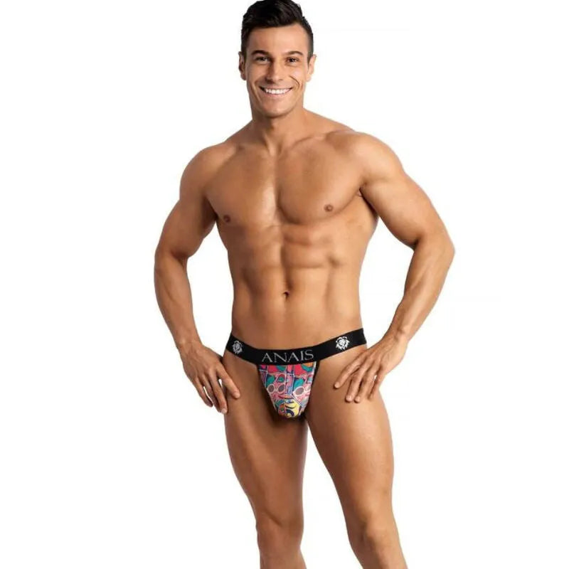 Jockstrap homme Anais Comics, bandes dessinées colorées, coupe audacieuse, élastique noir, ajustement parfait, sexy.