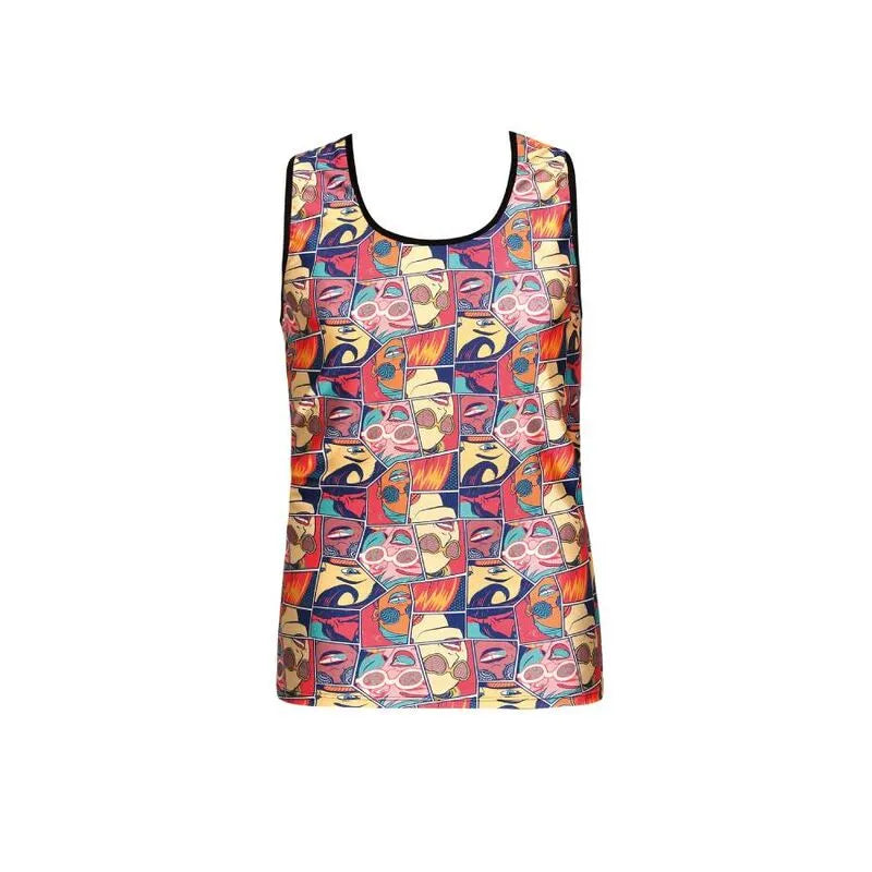 Débardeur homme sans manches, motif bandes dessinées colorées, tissu modal doux, coupe ajustée, style européen élégant.