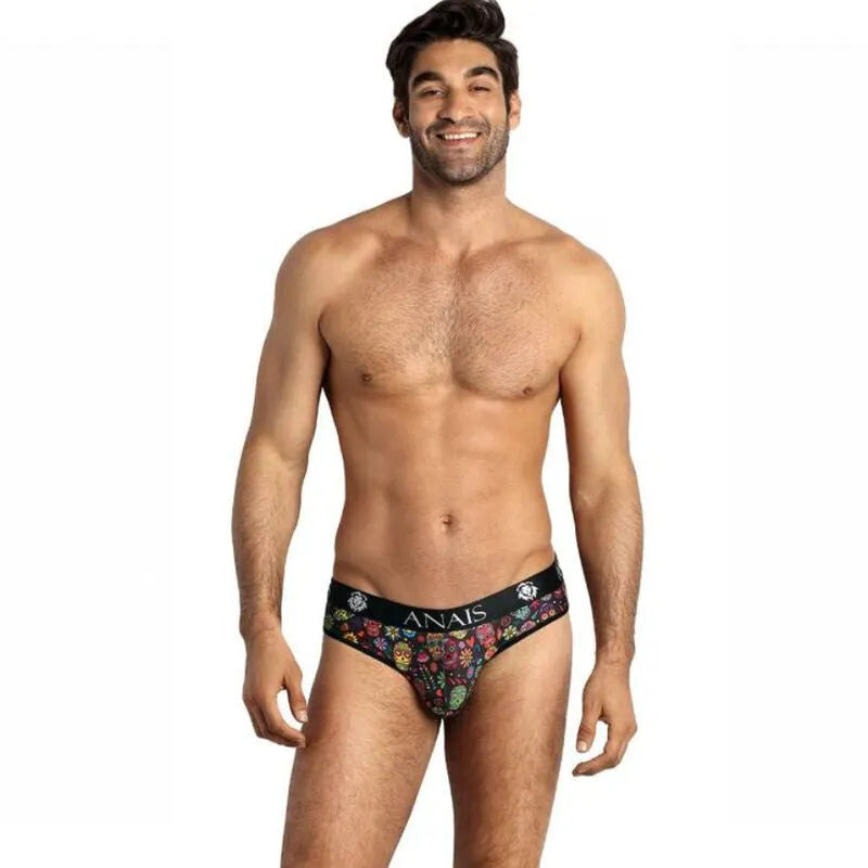 Slip homme Anais Mexico, motifs colorés, taille élastique noire avec logo, coupe ajustée, confort optimal.