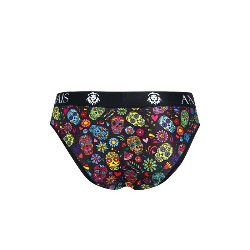 Slip homme coloré avec motifs de crânes mexicains, bande élastique noire, confort optimal, Anais Apparel.
