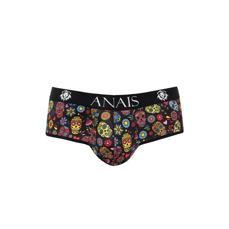 Slip bikini Anais homme, motif coloré têtes de mort et fleurs, coupe audacieuse, fesses ouvertes, matériaux haute qualité.