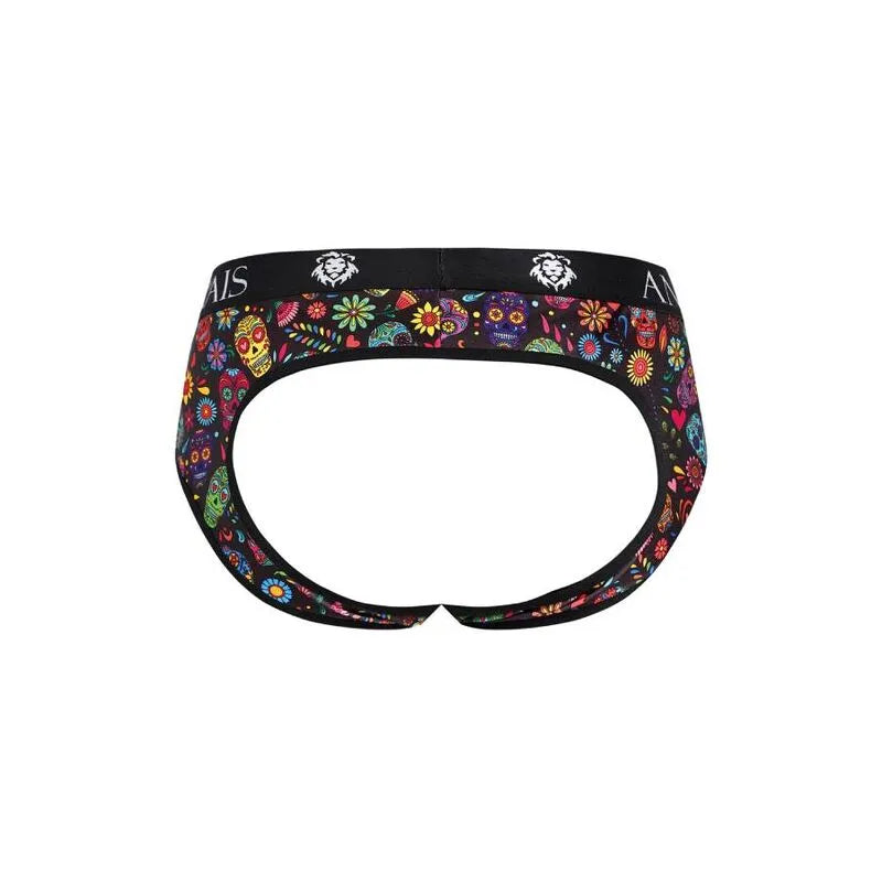 Slip bikini homme noir à motifs colorés, coupe audacieuse avec fesses ouvertes, style séduisant et confortable.