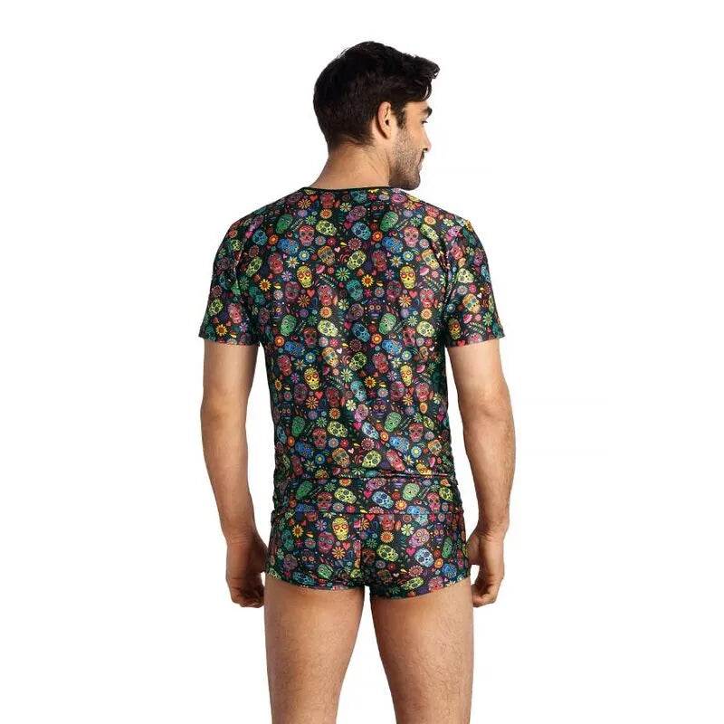 T-shirt homme ajusté noir motifs colorés crânes mexicains, Anais Apparel, 94% polyamide, 6% élasthanne.