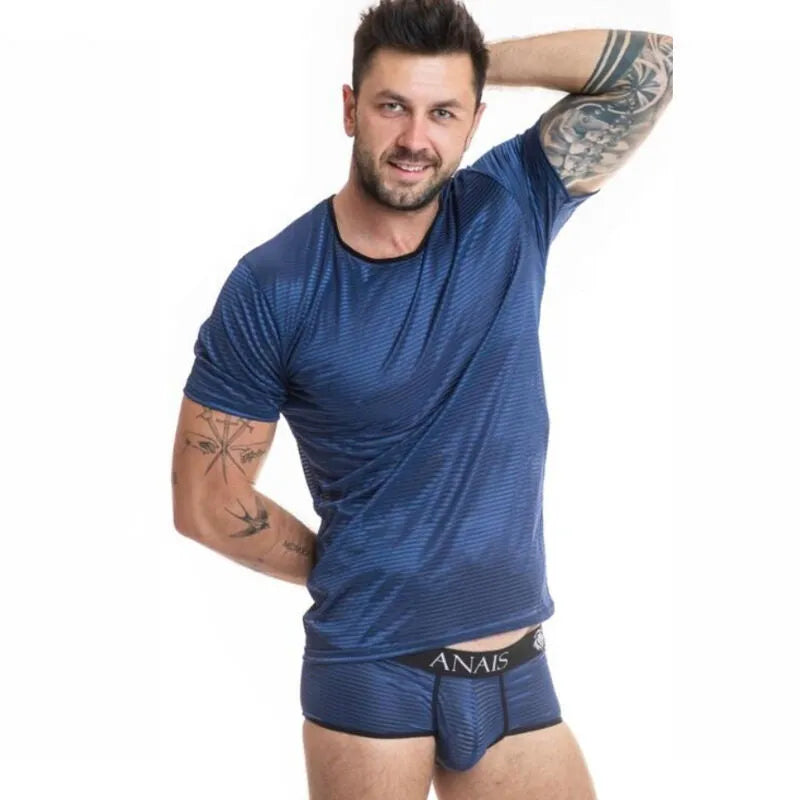 T-shirt homme ANAIS MEN NAVAL bleu marine à rayures satinées, ajusté, en tulle noir, élégant et moderne.