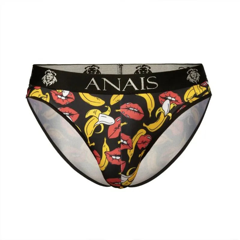Slip homme Anais en lycra noir avec imprimé bananes et lèvres rouges, bande élastique à la taille.