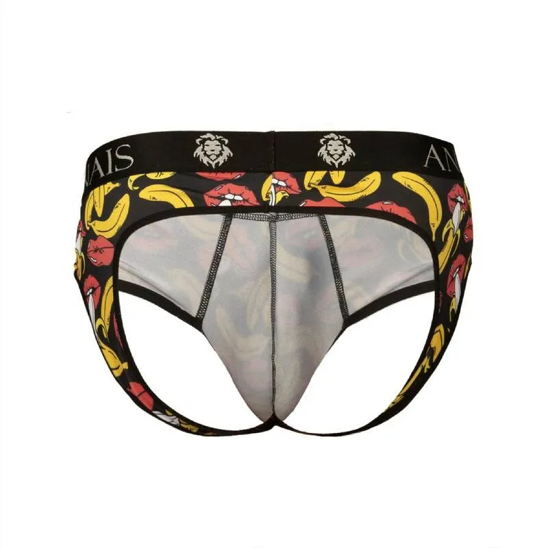 Bikini homme Anais, imprimé bananes, fesses ouvertes, lycra noir et jaune, coupe audacieuse, lingerie sexy.