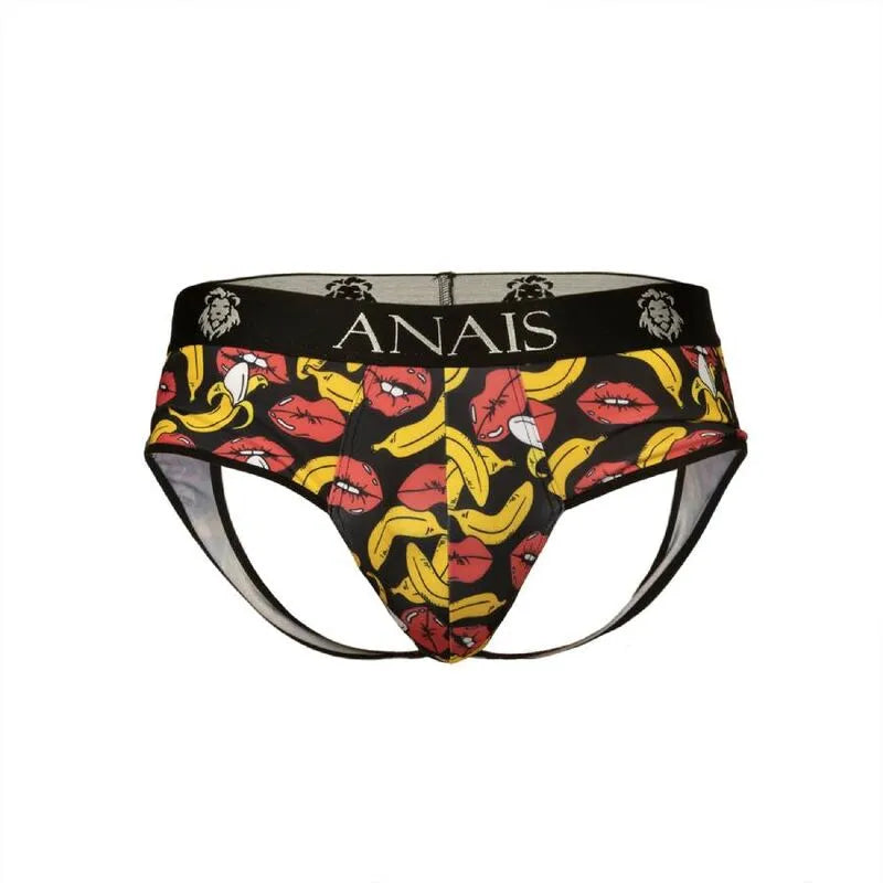 Bikini homme Anais, imprimé bananes, fesses ouvertes, lycra doux, coupe audacieuse, lingerie sexy, fond noir.