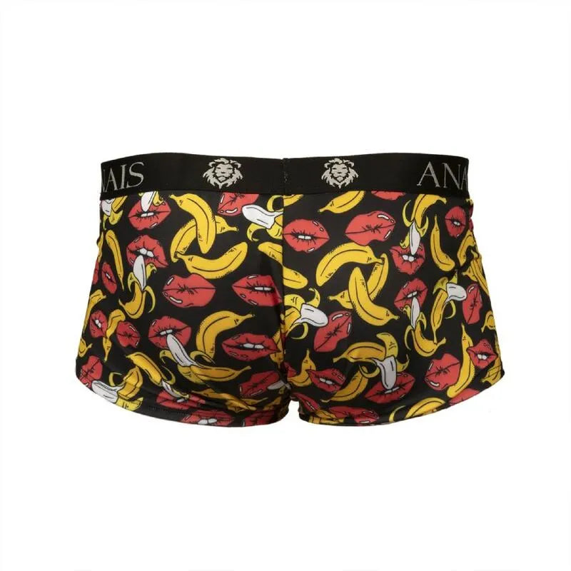 Boxer homme imprimé bananes et lèvres, lycra ajusté, fond noir, coupe sportive, confort exceptionnel, marque ANAIS MEN.
