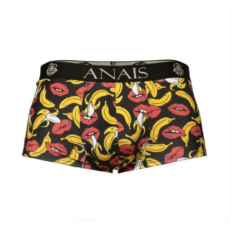 Boxer homme imprimé bananes et lèvres rouges, lycra ajusté, coupe sportive, ceinture noire ANAIS MEN.