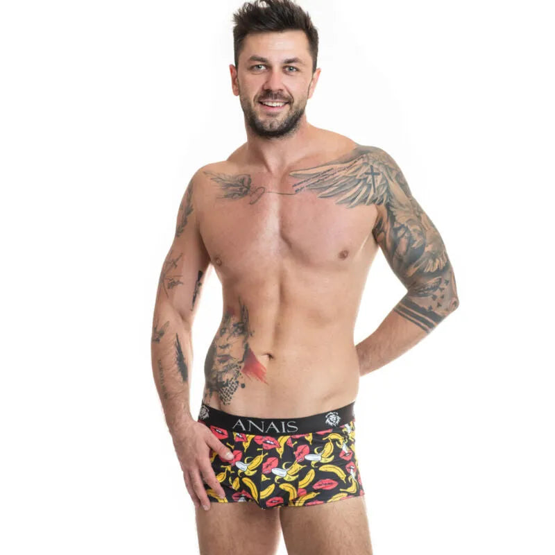 Boxer homme ajusté imprimé bananes colorées, coupe sportive, lycra doux, confort seconde peau, marque ANAIS MEN.