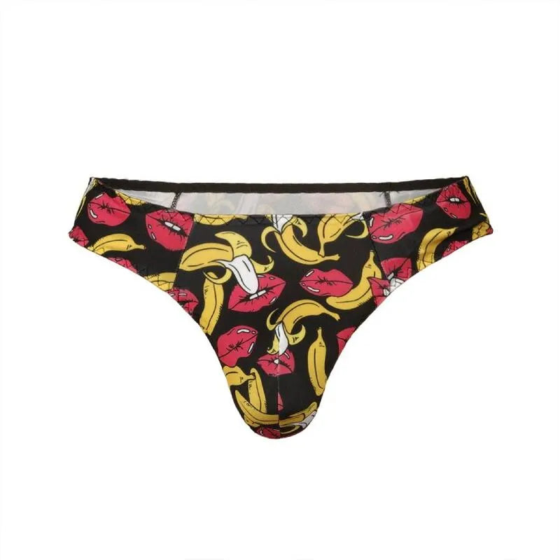 String homme en lycra imprimé bananes, fond noir, élastique délicat, confort optimal, séduction élégante.
