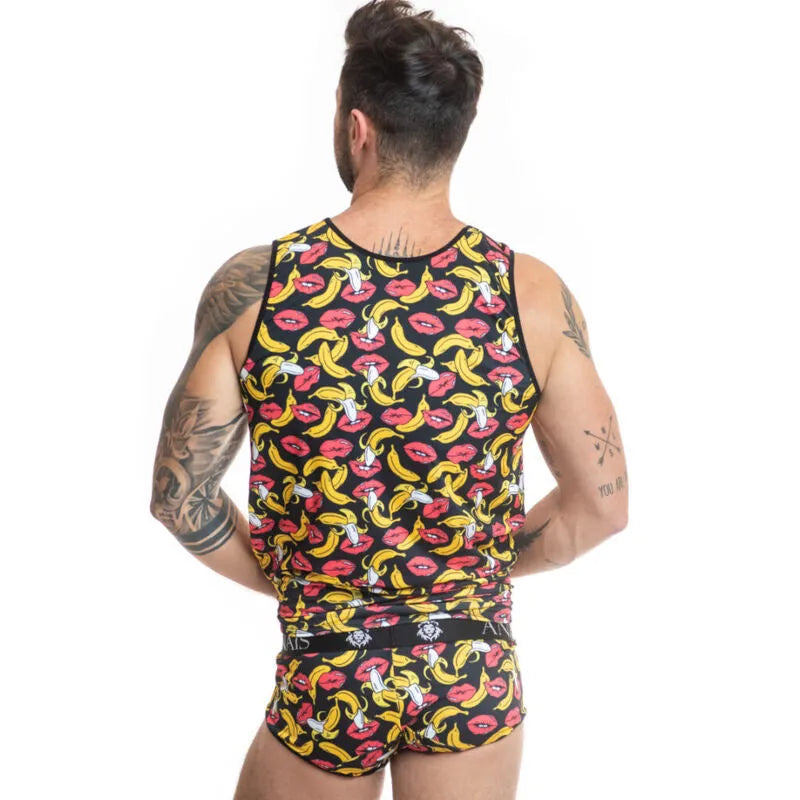 Débardeur sans manches imprimé bananes, ajusté, en lycra doux, fond noir, pour homme, Anais Men Top Banana.