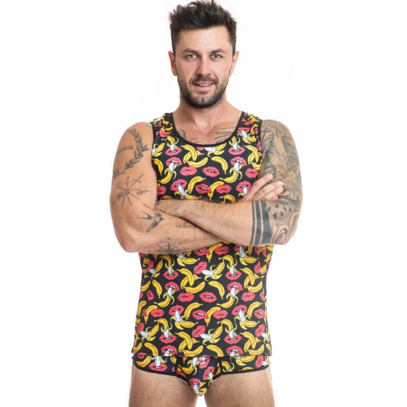 Débardeur homme imprimé bananes colorées, ajusté, sans manches, en lycra doux, style classique, Anais Men.