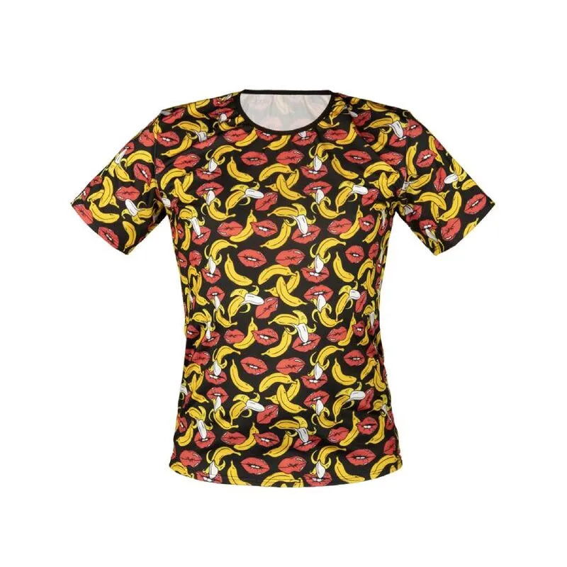 T-shirt homme ANAIS en lycra noir avec imprimé bananes jaunes, ajustement parfait, style audacieux et moderne.