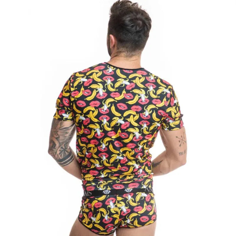 T-shirt homme ajusté imprimé bananes colorées, fond noir, lycra doux, Anais Apparel.