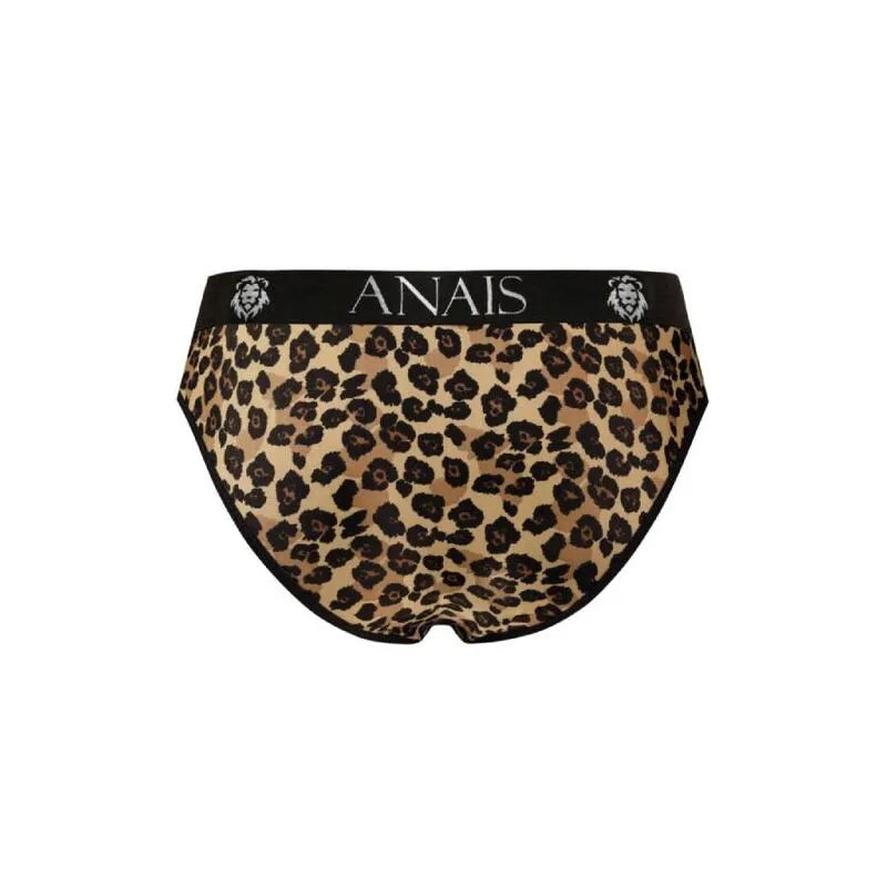Slip homme imprimé animal léopard, bande élastique noire avec logo ANAIS, microfibre douce, coupe sexy et confortable.