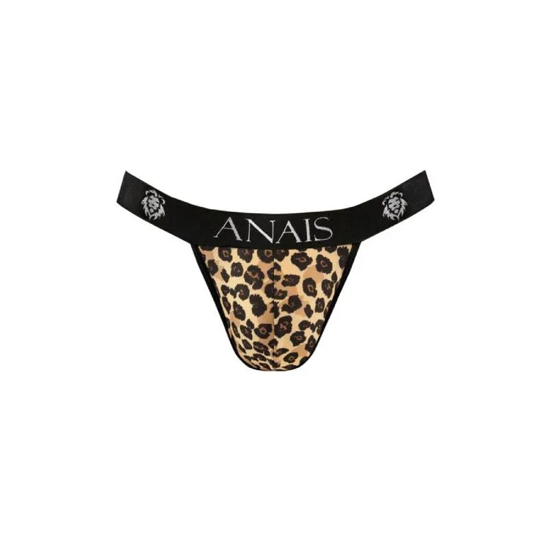 Jock strap homme imprimé animal léopard, microfibre douce, taille élastique noire avec logo ANAIS, style sexy et confortable.