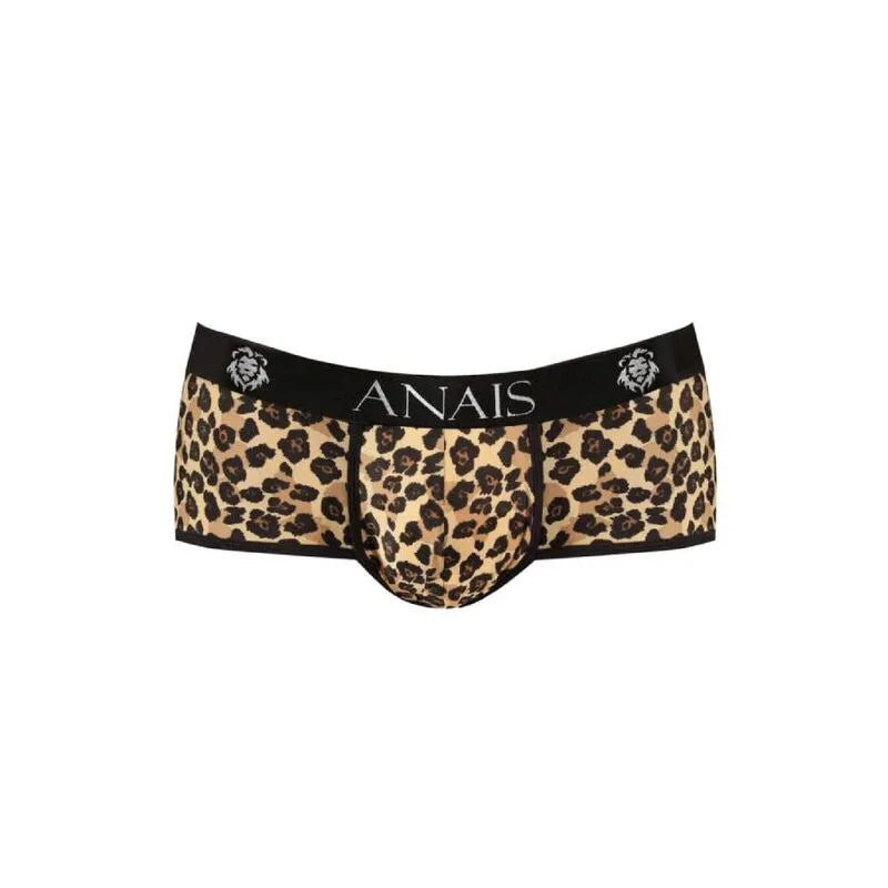 Slip homme ANAIS MEN imprimé animal léopard, microfibre douce, taille élastique noire avec logo, style audacieux.
