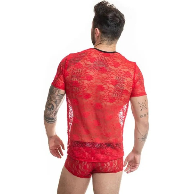 T-shirt homme rouge en dentelle florale ajustée, vue de dos, Anais Apparel, lingerie sexy et élégante.