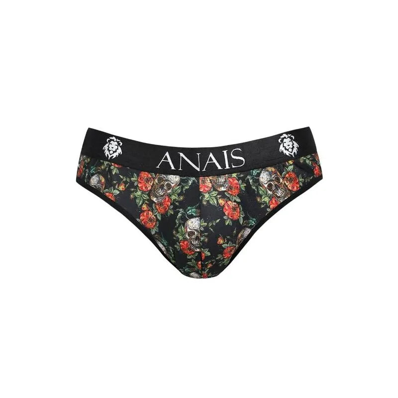 Slip homme ANAIS MEN noir avec imprimé roses et têtes de mort, bande élastique large, style sexy et confortable.