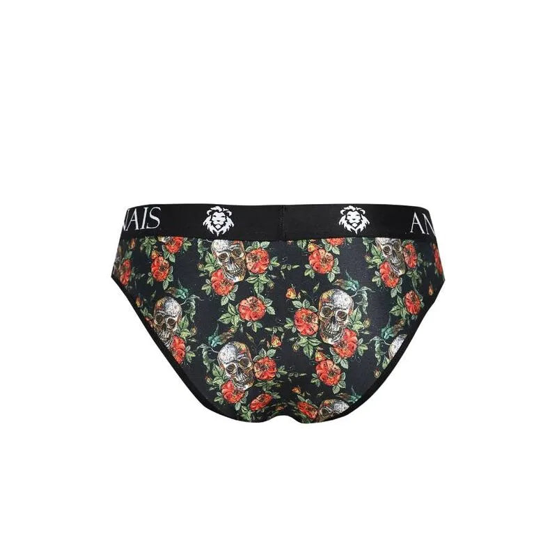 Slip homme ANAIS MEN noir, imprimé roses et têtes de mort, bande élastique noire, confort et style audacieux.
