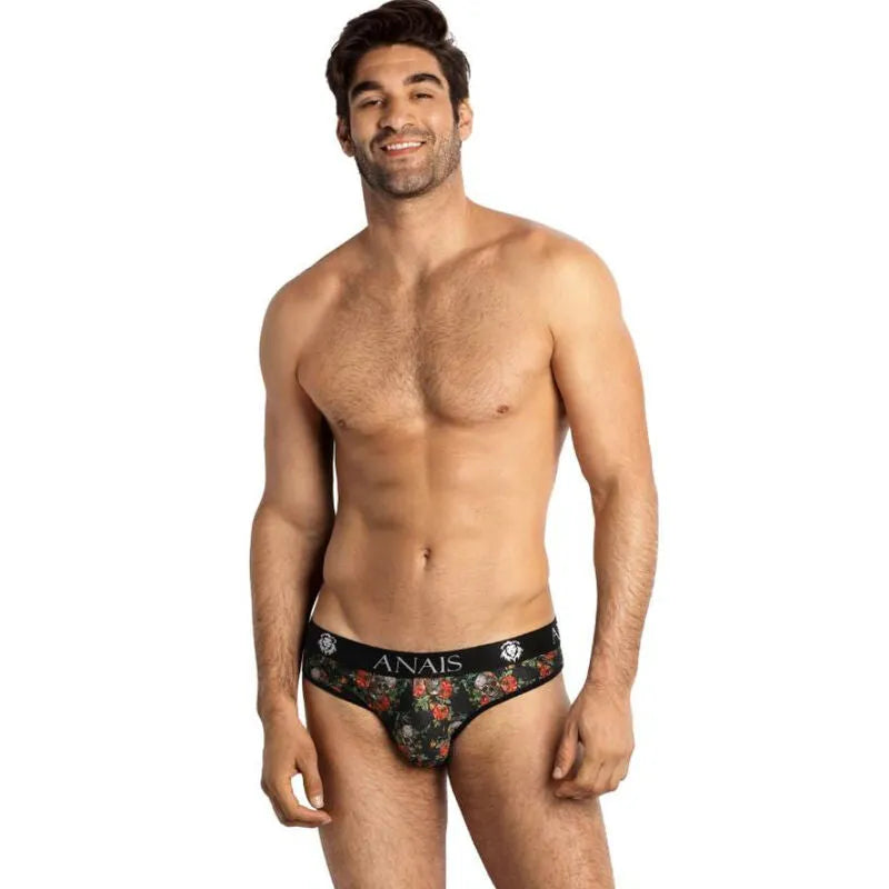 Slip homme Anais Men Power, imprimé roses et têtes de mort, bande élastique noire, coupe ajustée, confort optimal.