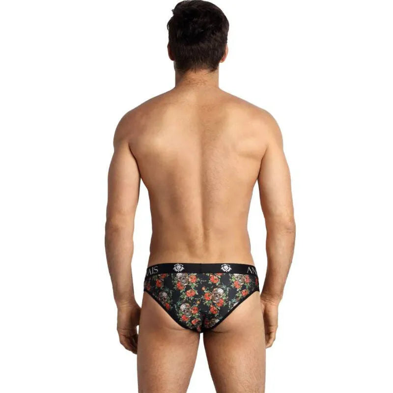 Slip homme noir avec imprimé roses et têtes de mort, bande élastique à la taille, coupe ajustée, style Anais Apparel.