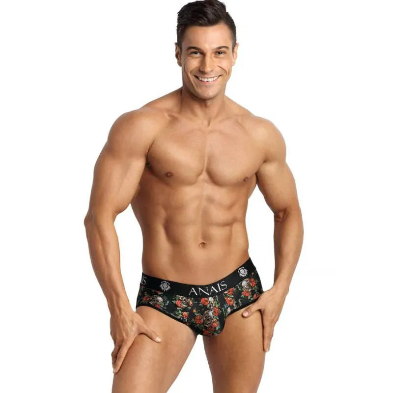 Slip bikini homme ANAIS MEN, imprimé roses et têtes de mort, coupe audacieuse, fesses ouvertes, modal doux, sexy.