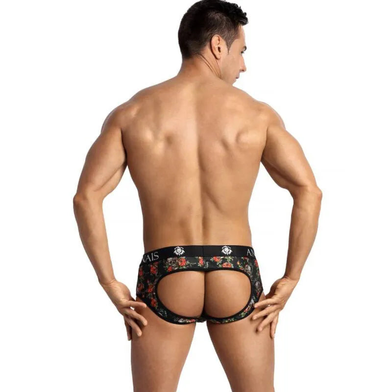 Bikini homme Anais, imprimé roses et têtes de mort, fesses ouvertes, coupe audacieuse, modal doux, couleur claire.