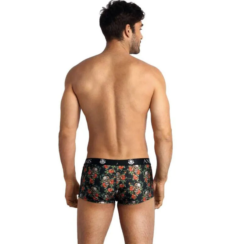 Boxer homme ajusté imprimé roses et têtes de mort, coupe longue, polyamide élasthanne, confortable, taille S à XL.