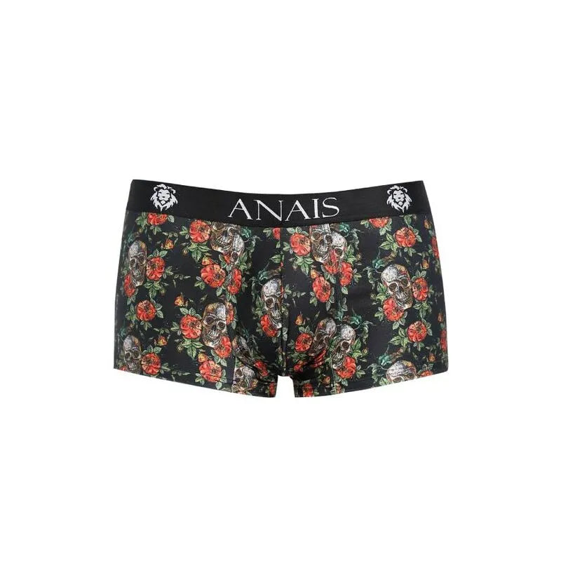Boxer homme sport noir imprimé roses et têtes de mort, taille élastique, coupe ajustée, style audacieux et confortable.