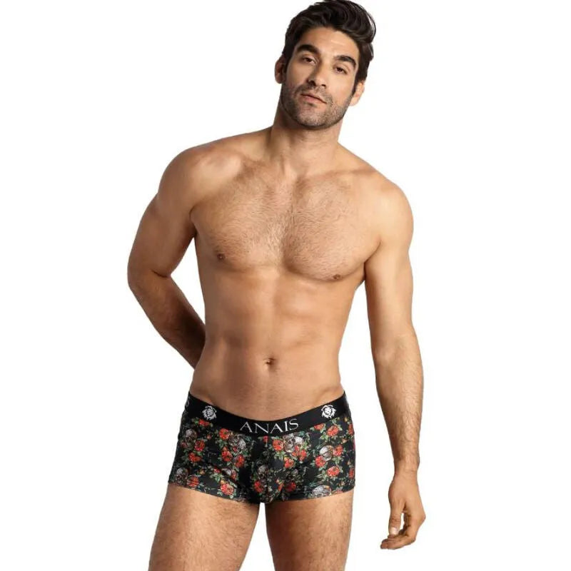 Boxer homme noir imprimé roses et têtes de mort, ajusté, sexy, confortable, en polyamide élasthanne, marque ANAIS.