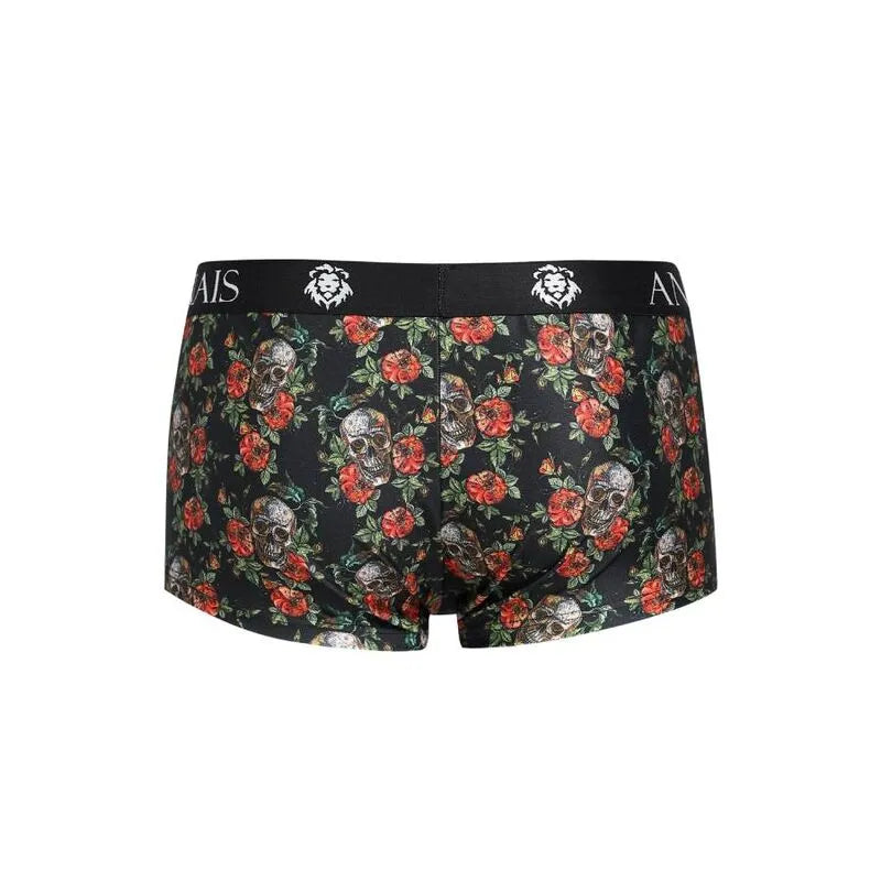 Boxer homme noir imprimé roses rouges et têtes de mort, coupe ajustée, ceinture élastique, style sport et sexy.