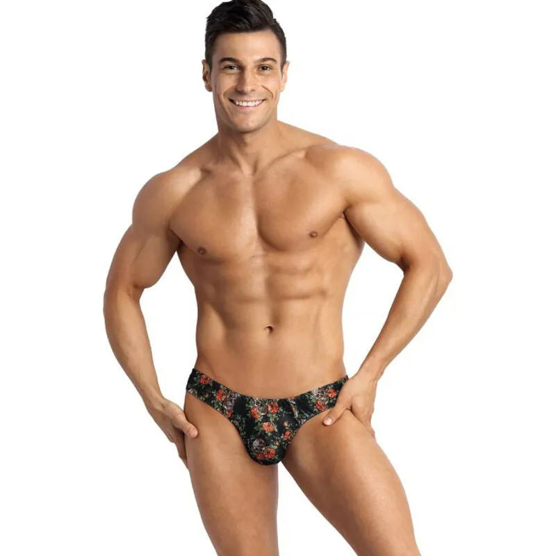 String homme ANAIS MEN, modal clair, imprimé roses et têtes de mort, élastique délicat, confort et séduction assurés.