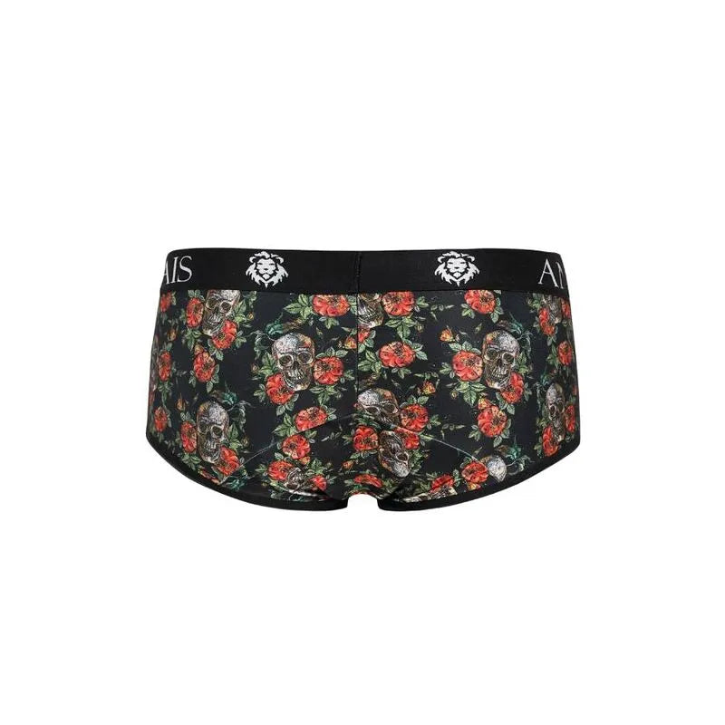 Boxer homme Anais noir à imprimé roses et têtes de mort, coupe sportive, jambes courtes, ajustement parfait.