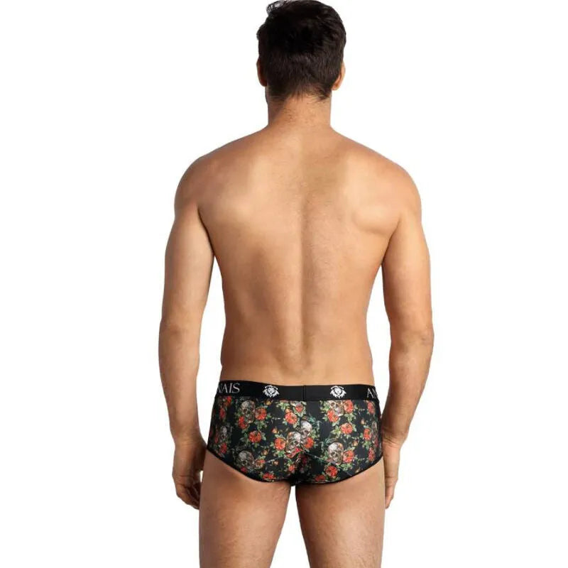 Slip sport noir ANAIS MEN avec imprimé roses et têtes de mort, ajustement parfait, vue arrière sur mannequin masculin.