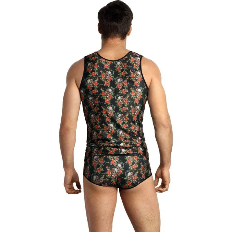 Débardeur homme sans manches imprimé roses et têtes de mort, ajusté, couleur claire, style classique, Anais Apparel.