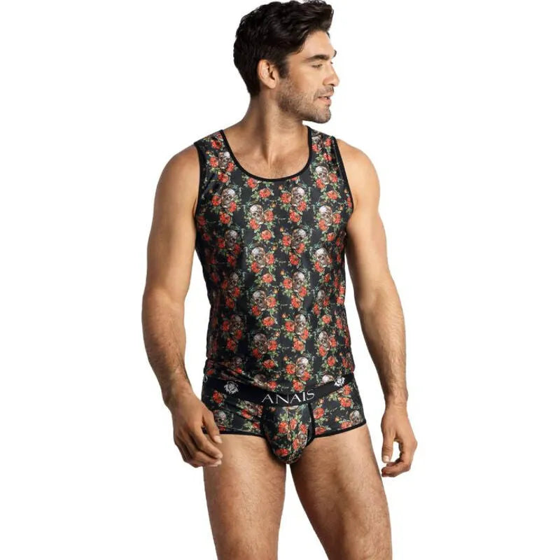 Débardeur homme sans manches imprimé roses et têtes de mort, ajusté, couleur claire, Anais Men Power Top.