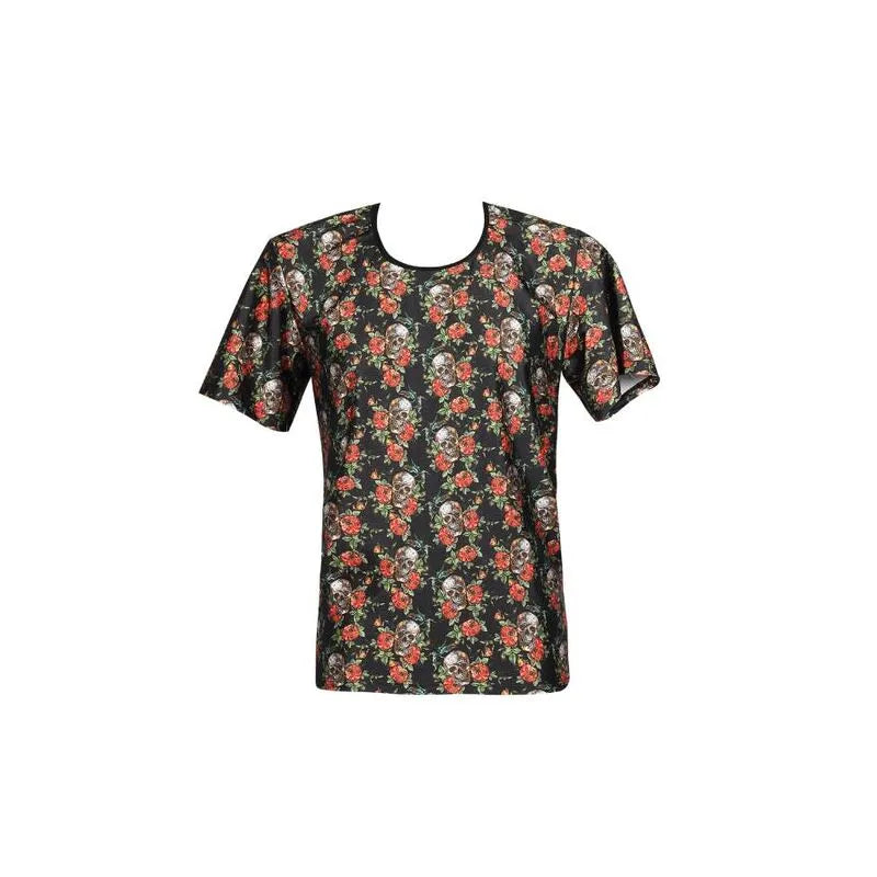 T-shirt noir ajusté imprimé roses et crânes, style audacieux et sexy, tissu extensible, fabrication européenne.