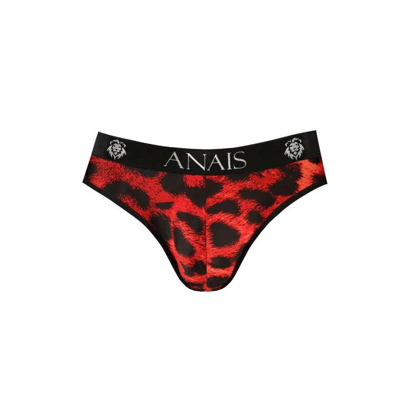 Slip rouge imprimé animal sauvage pour homme, bande élastique noire avec logo Anais, microfibre douce et confortable.