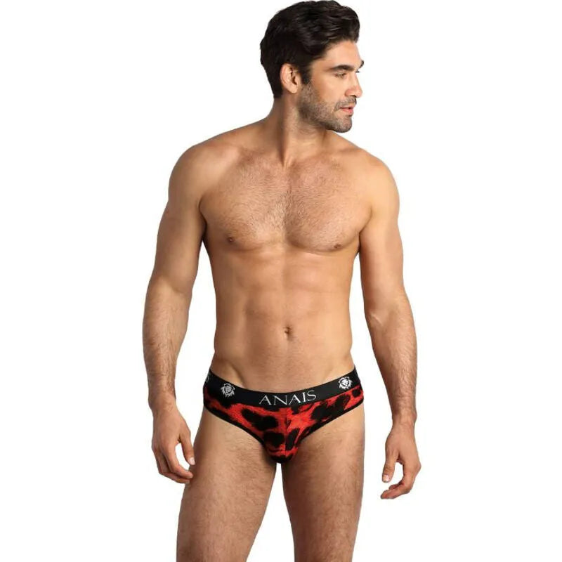 Slip homme rouge imprimé animal, microfibre douce, bande élastique noire, confort optimal, Anais Apparel.