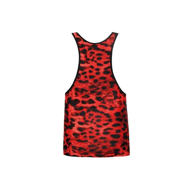 Débardeur rouge imprimé animal sauvage, sans manches, ajustement parfait, microfibre douce, Anais Men Top Savage.