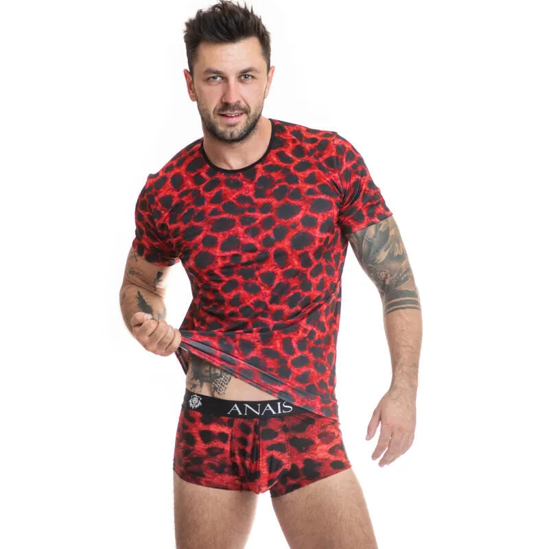 T-shirt rouge imprimé animal, ajusté, microfibre douce, pour homme, Anais Men, style sauvage, mode sexy.