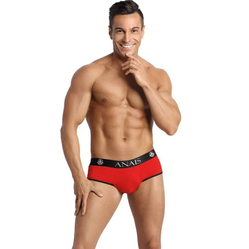 Slip bikini rouge Anais Men avec bordure noire, coupe audacieuse révélant les fesses, en microfibre douce.