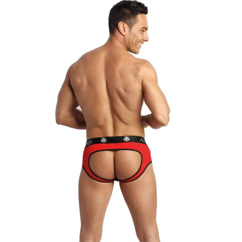 Slip bikini homme rouge en microfibre douce, bordure noire, coupe audacieuse, 80% polyamide, 20% élasthanne.