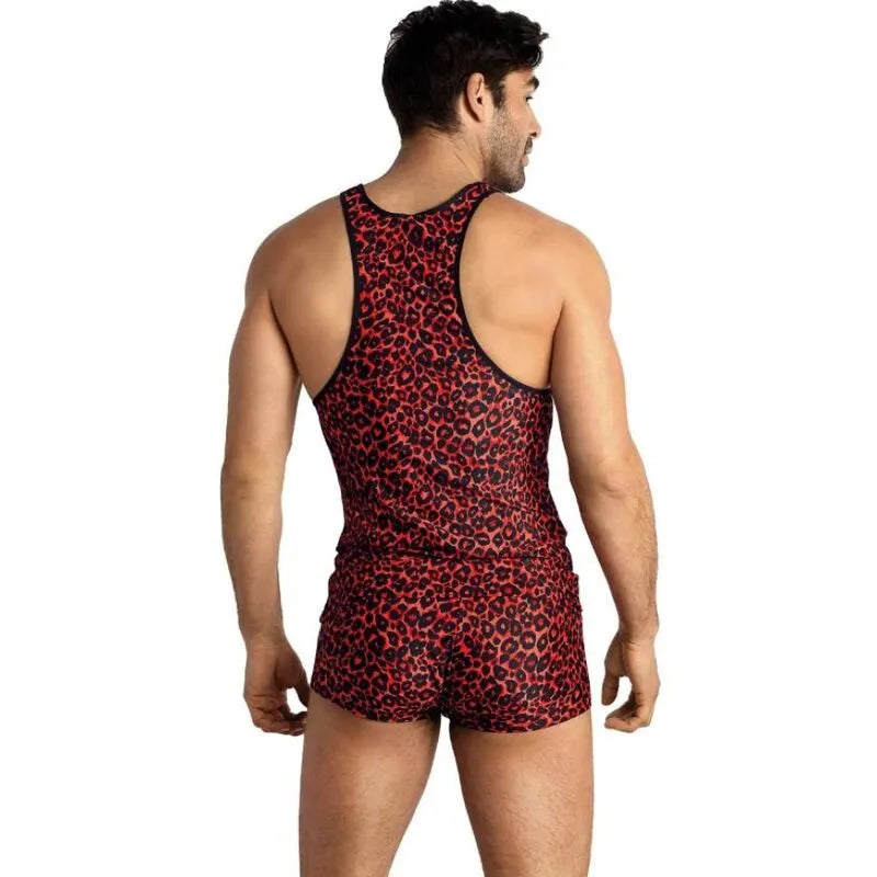 Homme portant un top sans manches rouge imprimé animal, ajusté, en microfibre, style classique Anais Men Tribal.