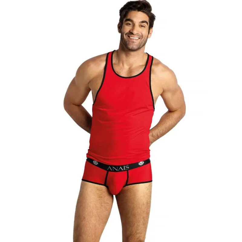 Débardeur rouge sans manches Anais Men Soul Top, bordures noires, ajustement parfait, style classique, microfibre douce.