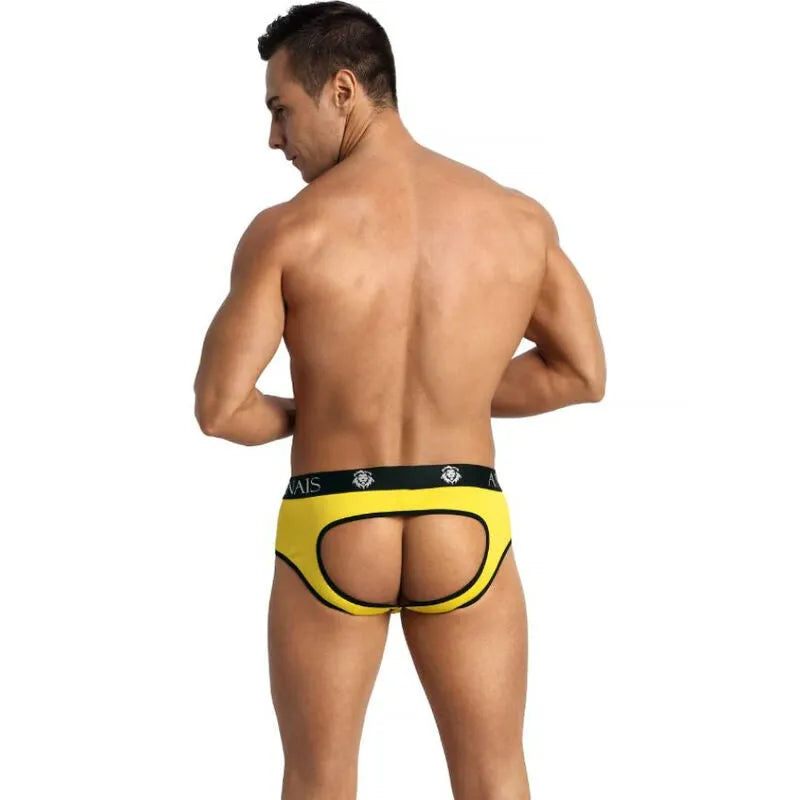 Slip bikini homme jaune à fesses ouvertes, design audacieux, texture douce, collection ANAIS FOR MEN.