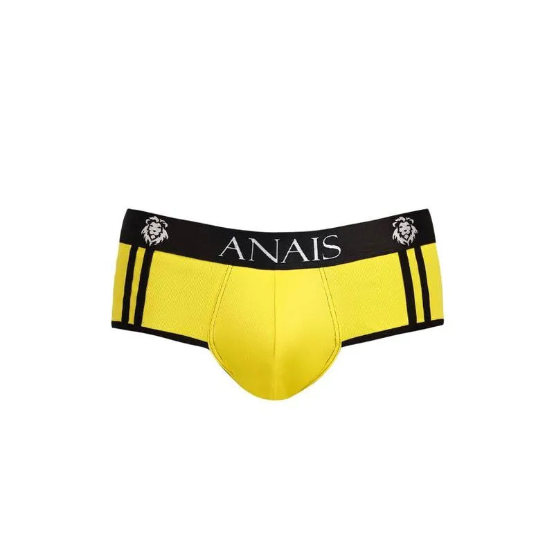 Slip bikini jaune pour homme, design ouvert, texture douce, élastique noir, collection ANAIS FOR MEN, style audacieux.