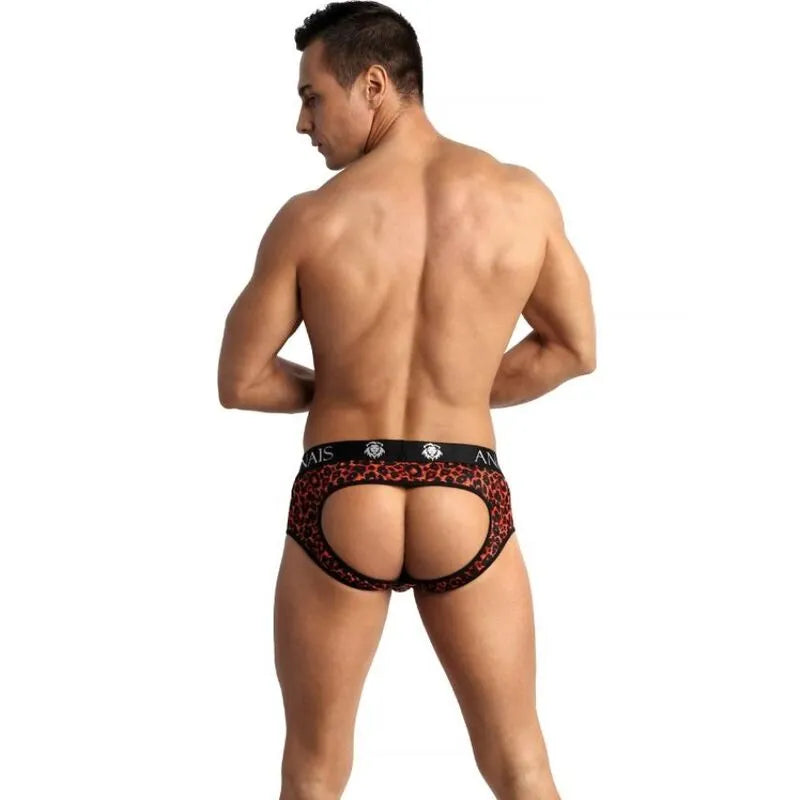 Bikini tribal rouge imprimé animal pour homme, fesses ouvertes, microfibre extensible, style audacieux et confortable.